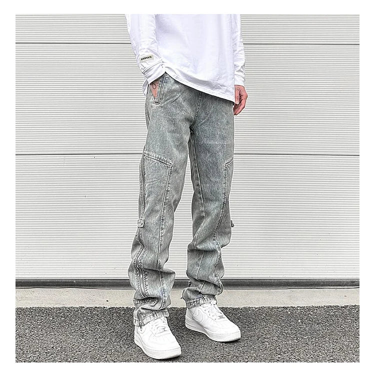 side long zipper open denim jeans mens elastic waist straight biker trousers jeans fashion streetwear hip hop jean pants joggers unique joggers style 2547
