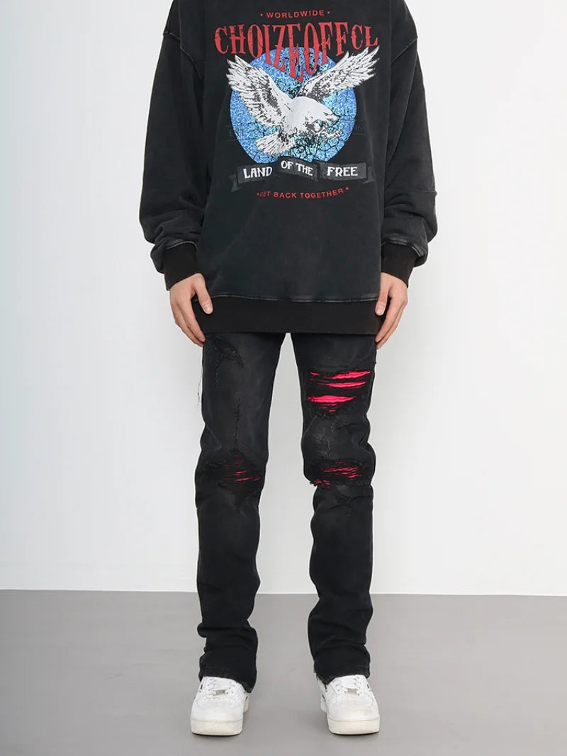 knee ripped patchwork jeans for men hip hop skinny biker taped jean trouser slim fit black denim pants fashion streetwear jogger relaxed fit joggers