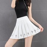 2024 Women Harajuku Sweet Fresh Feeling High Waist Pleated Skirt Elastic Waist Cross Embroidery Skirt black skirt Pleated Skirt