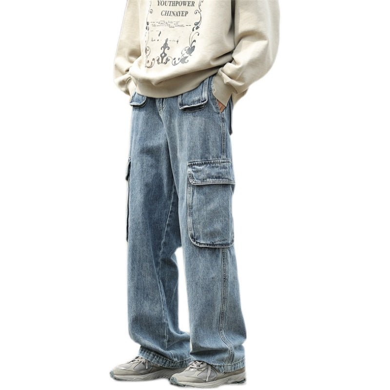 2023 spring new affordable luxury fashion retro jeans men loose straight wide leg pants boutique clothing simple style unique jeans style 3994