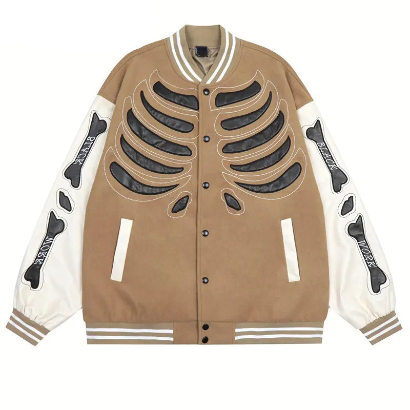 mens streetwear jacket bone skeleton baseball bomber retro coat hip hop harajuku loose oversized unisex khaki fashion photo s - variant style 39926c for streetwear fashion