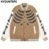 mens streetwear jacket bone skeleton baseball bomber retro coat hip hop harajuku loose oversized unisex khaki fashion photo s - variant style 39926c for streetwear fashion