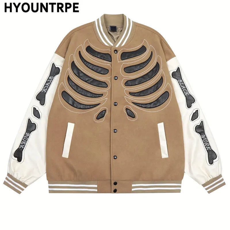 mens streetwear jacket bone skeleton baseball bomber retro coat hip hop harajuku loose oversized unisex khaki fashion photo s - variant style 39926c for streetwear fashion