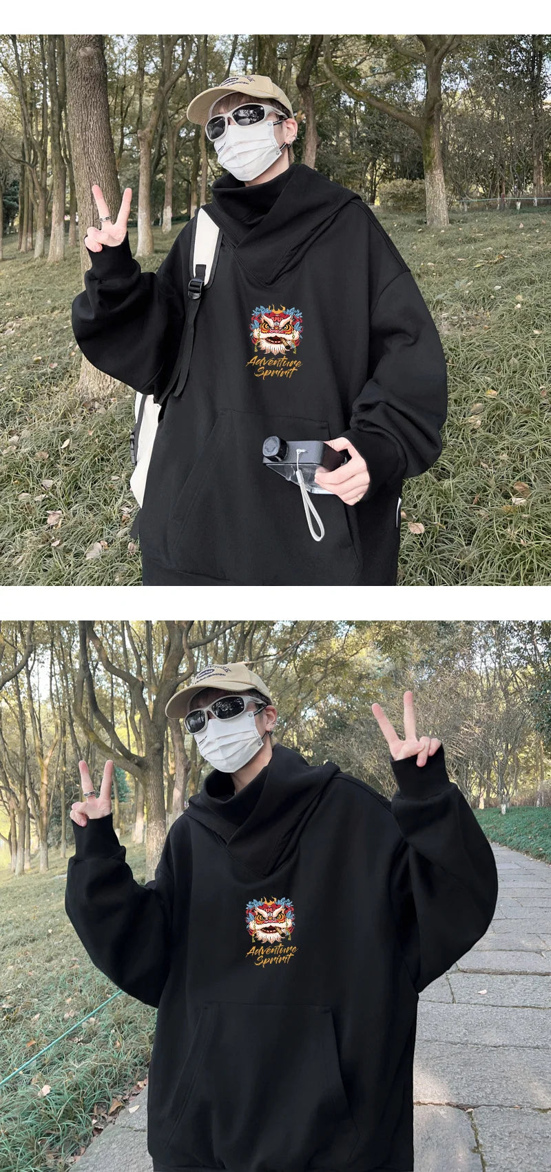 Autumn Lion Dance Graphic Ninja Hoodie Men Fleece Pocket Turtleneck Ov