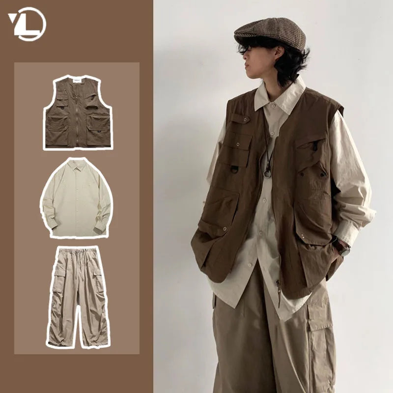 japanese street mens 3 piece set multi pocket camping vest solid cargo shirt side pockets casual pants suit couple trend set unique cargo style 4643