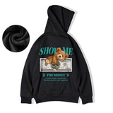Money Bear Print Fleece Hoodies For Men Autumn Hip Hop Hooded Sweatshirt