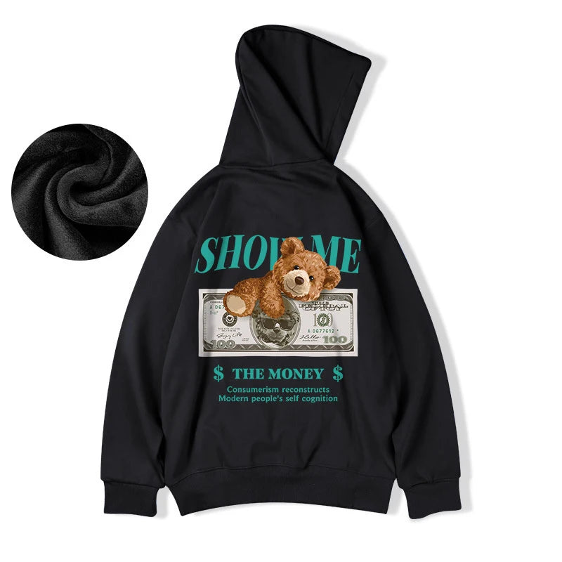 Money Bear Print Fleece Hoodies For Men Autumn Hip Hop Hooded Sweatshirt