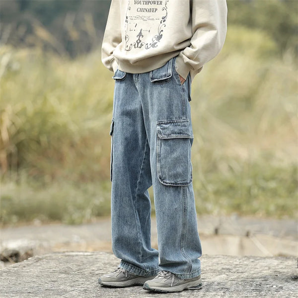 2023 spring new affordable luxury fashion retro jeans men loose straight wide leg pants boutique clothing simple style vintage washed jeans