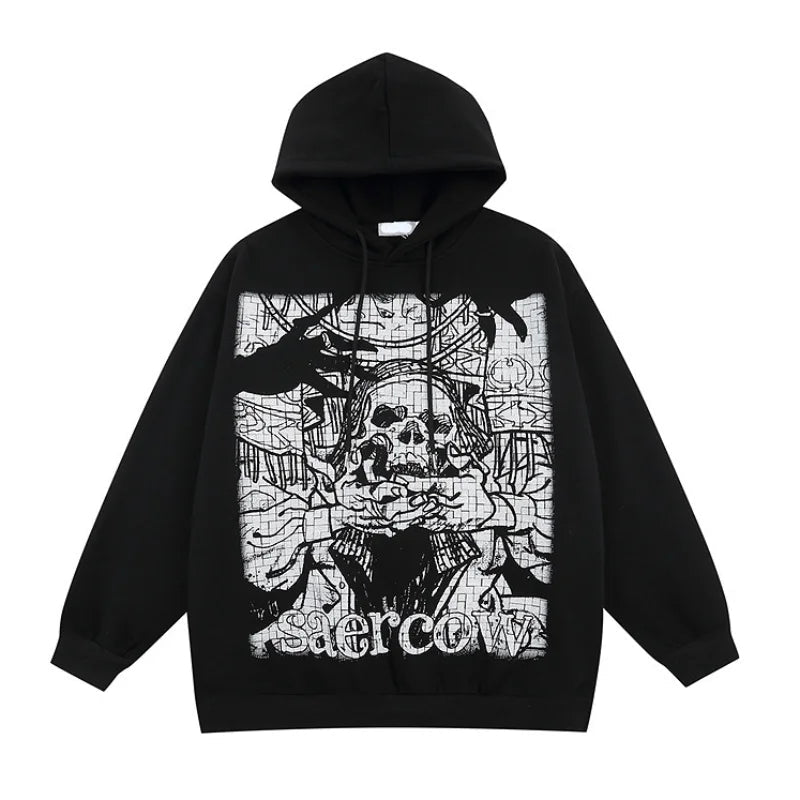 Harajuku barcode glitch featuring 2023 retro streetwear harajuku hoodie sweatshirt skull graphic cotton hoodies mens hip hop punk thick hooded pullover unisex
