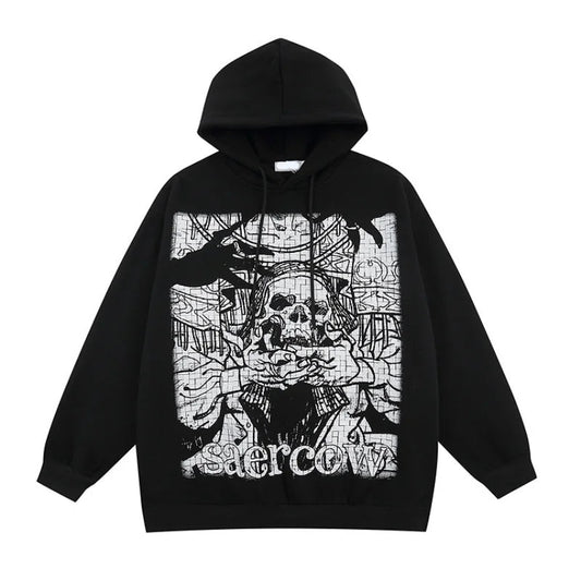 Harajuku barcode glitch featuring 2023 retro streetwear harajuku hoodie sweatshirt skull graphic cotton hoodies mens hip hop punk thick hooded pullover unisex