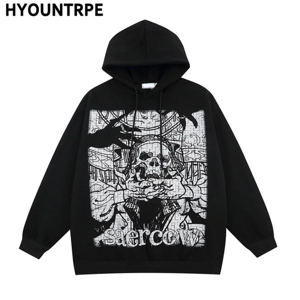 Harajuku barcode glitch featuring 2023 retro streetwear harajuku hoodie sweatshirt skull graphic cotton hoodies mens hip hop punk thick hooded pullover unisex