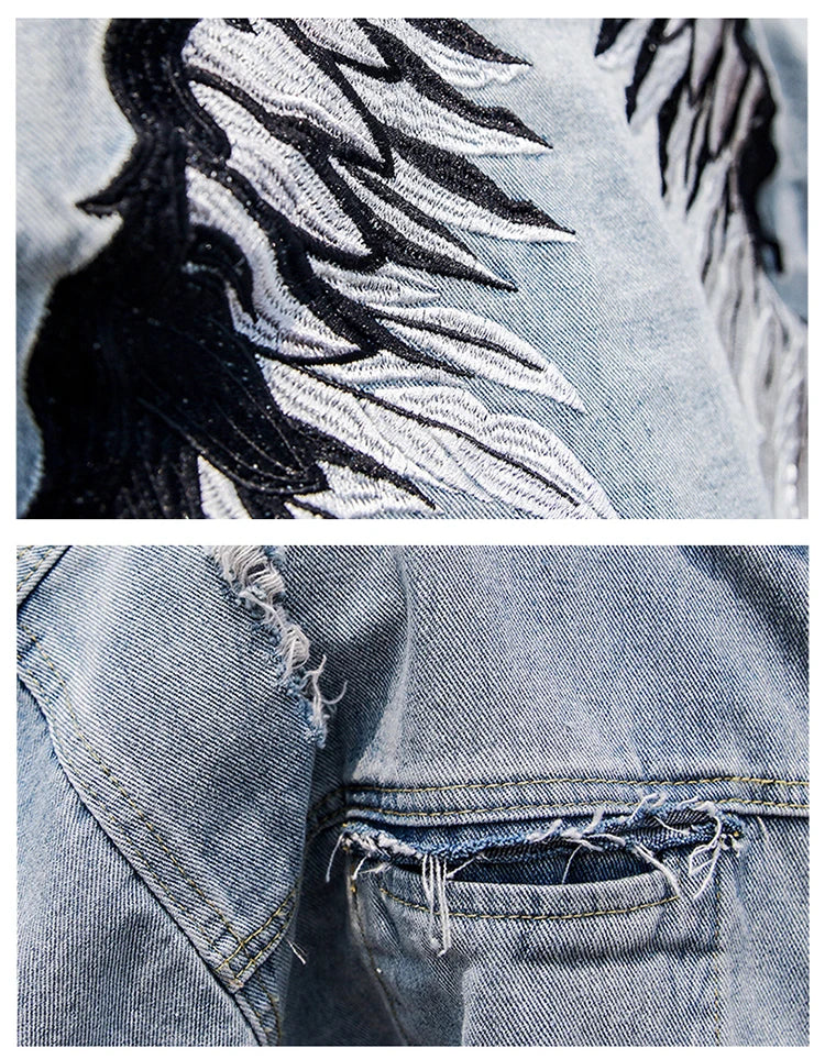 back wing embroidery denim jacket coat mens fashion hip hop harajuku jean coats outerwear casual streetwear jeans baggy jacke - variant style 370d25 for streetwear fashion