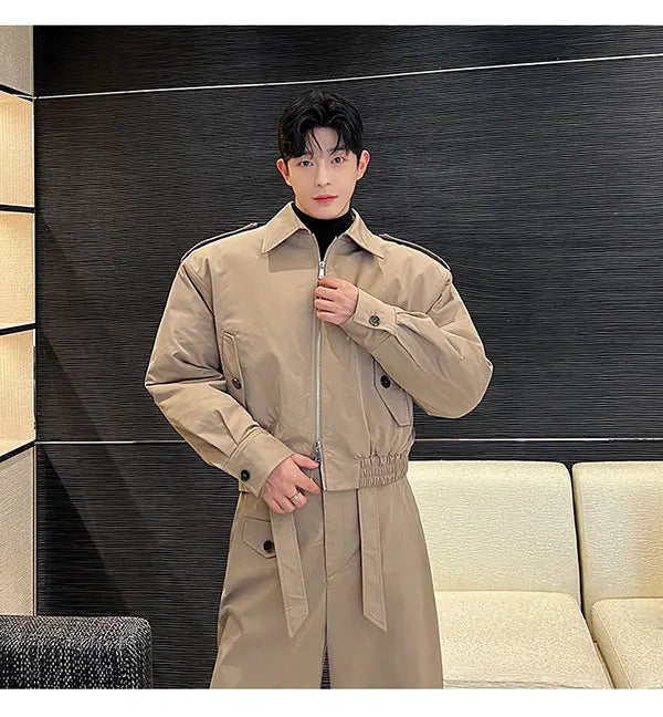 men 2 pieces sets quilted short cargo jacket pant autumn winter korean streetwear casual thicken bomber coat trousers suits unique cargo style 2758