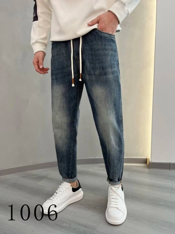 2024 autumn tapered jeans drawstring hip hop baggy designer streetwear mens clothing stylish casual denim harem jeans for men stacked flare jeans