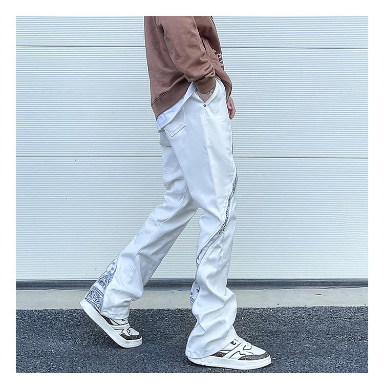 high street black white straight zipper becomes slightly flared denim jeans harajuku casual hip hop cashew flower jeans for men unique jeans style 4407