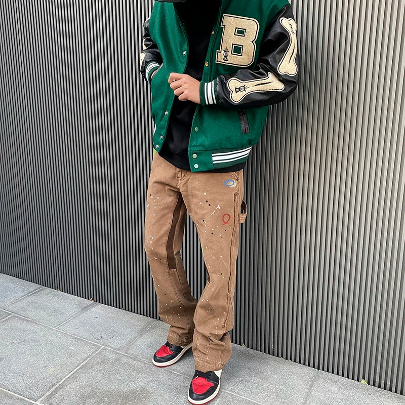 2023 streetwear graffiti cargo flared jeans khaki black splash ink wide leg denim pant hip hop cargo trousers jean men utility cargo pants