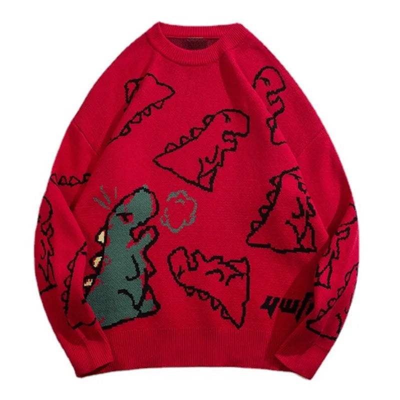 fashion knitted sweater autumn winter o neck dinosaur pattern pullover streetwear unisex casual loose sweaters jumper knitwears Y2K vintage urban hoodie, trendy hip hop style outerwear, high quality cotton pullover