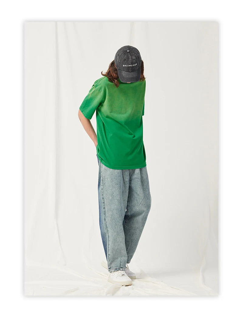 Spring Summer New Products Fried Color Wash Water Gradient Color Loose Short-sleeved Casual Basic Bottoming Round Neck