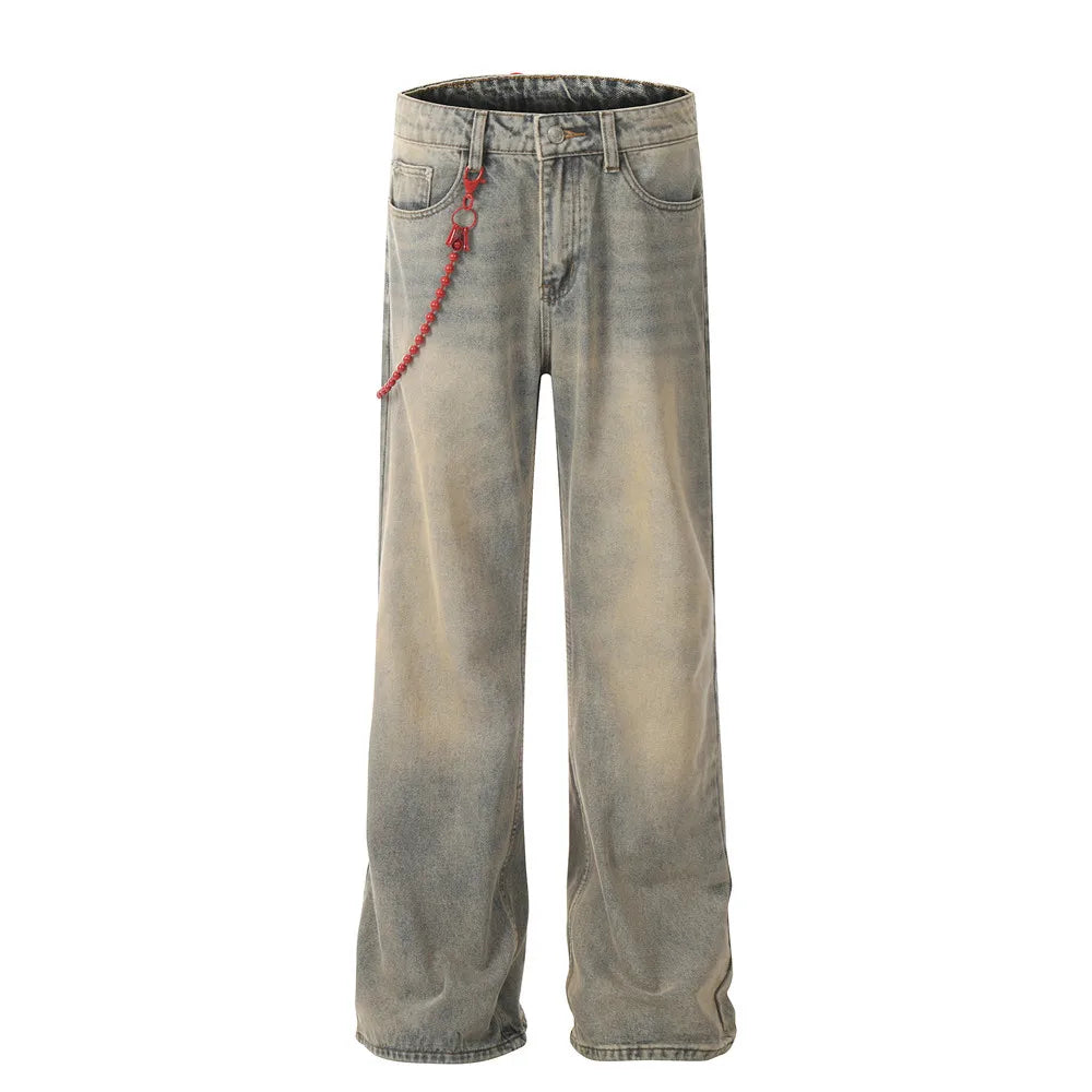 red chain pendant washed vintage jeans men women streetwear fashion hip hop loose casual wide leg denim jeans pants trousers unique jeans style 1470