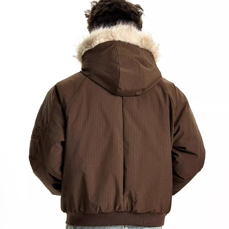 Winter American Street Hooded Parkas Mens New 2024 Thickened Trendy Fur Collar Cotton Jackets Warm Zipper Pocket Fluffy Coats