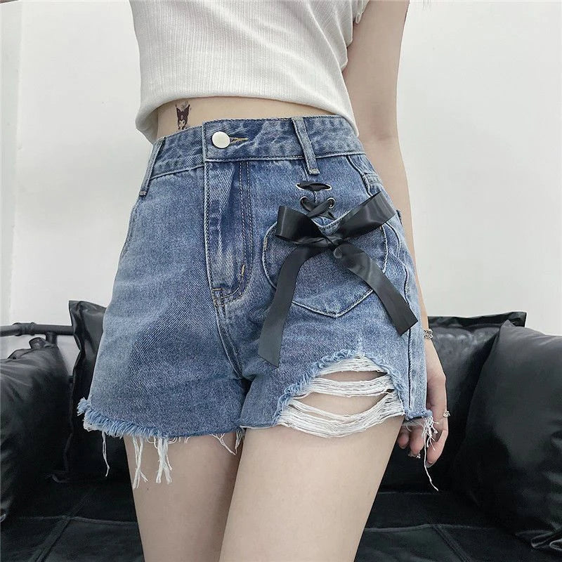 high waist women denim shorts summer fashion bow loose shorts korean casual female streetwear all match ripped pants unique jeans style 1317