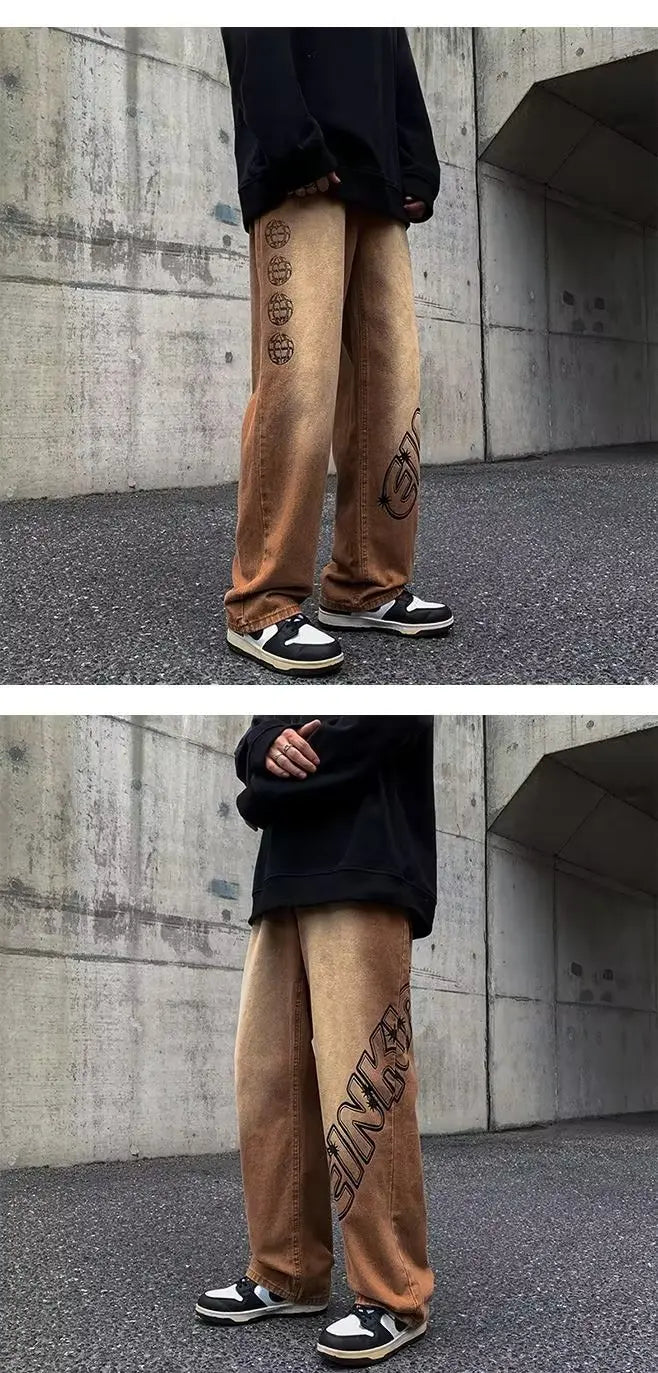 2023 new fashion letter graffiti brown hip hop men baggy jeans pants y2k clothes straight vintage denim trousers pantalon homme unique jeans style 5812