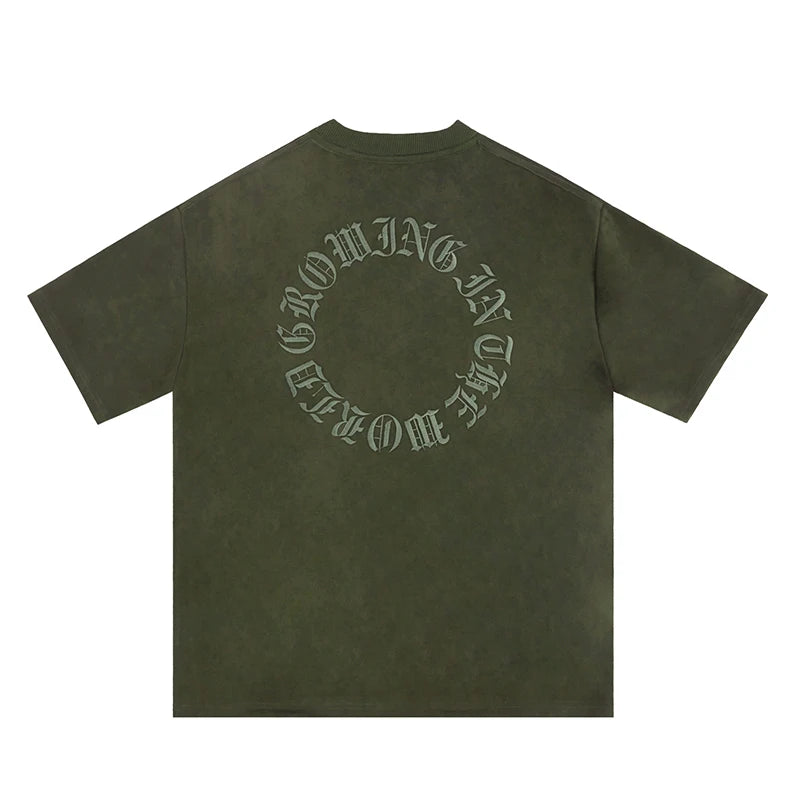 Original Letter Embroidery O Neck Suede Summer Short Sleeve Streetwear Casual Oversized Top