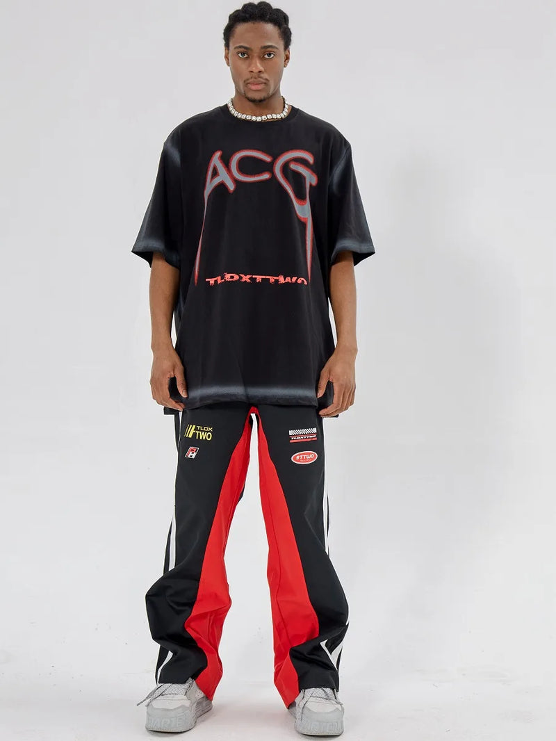 high street side striped spliced straight pants unisex elastic waist streetwear casual racing biker sportwear pants joggers men unique joggers style 4008