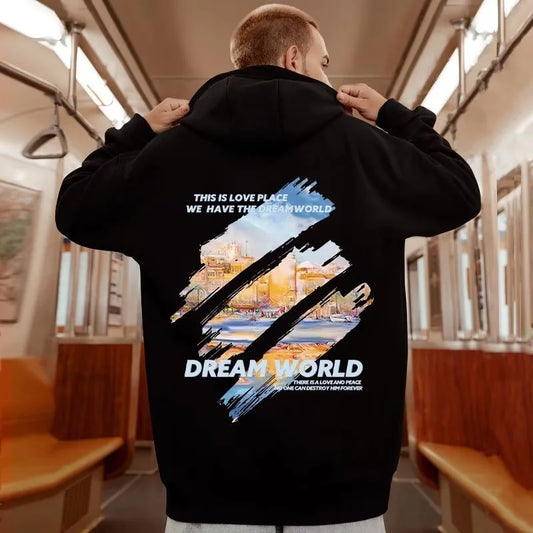Autumn Funny Graphic Hoodies For Men Y2K Vintage Dream World Print Oversized Hooded
