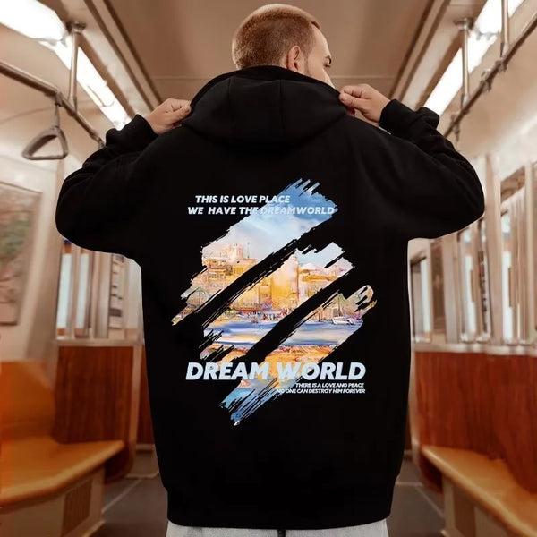 Autumn Funny Graphic Hoodies For Men Y2K Vintage Dream World Print Oversized Hooded