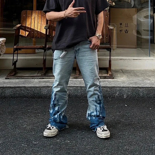 blue flame embroidery patchwork baggy mens jeans pants streetwear vintage washed casual denim trousers oversized cargos military streetwear pants