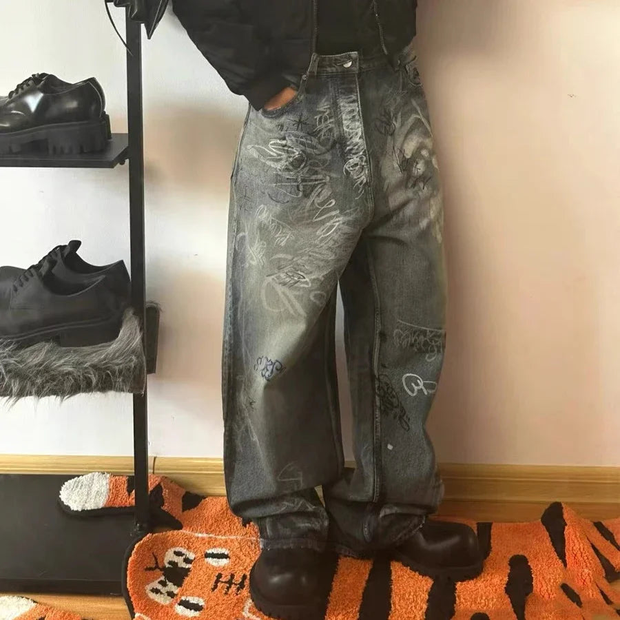 graffiti handdrawn damaged wash baggy jeans for men and women straight streetwear y2k denim trousers pantalones hombre cargos unique cargo style 1305