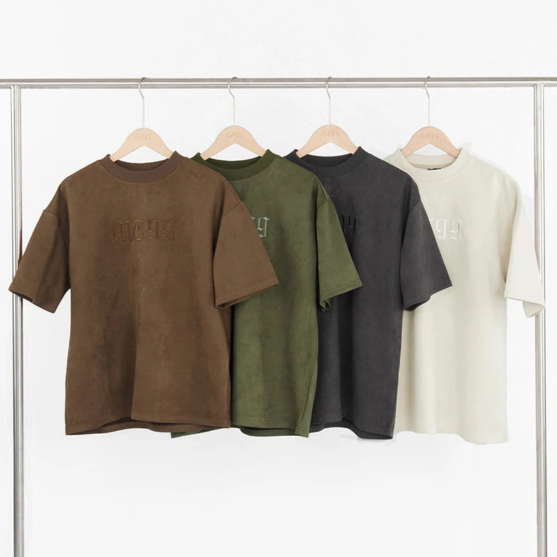 Original Letter Embroidery O Neck Suede Summer Short Sleeve Streetwear Casual Oversized Top