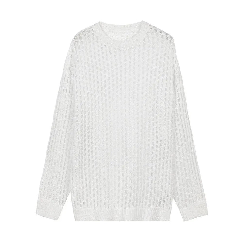 Casual Pullovers Hollow Out Outfits Fishnet Smock Tops Men Fashion Loose Long Sleeve See-though Knit Shirts Y2k Sexy Holes Shirt