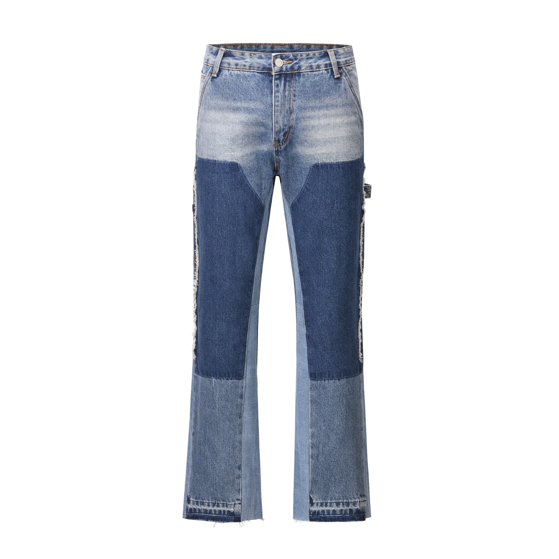 high street fashion contrast straight tube micro flared jean horn pant washing mens tassel vintage patchwork wide denim jeans unique jeans style 5002