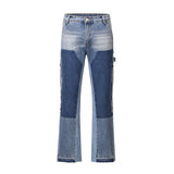 high street fashion contrast straight tube micro flared jean horn pant washing mens tassel vintage patchwork wide denim jeans unique jeans style 5002