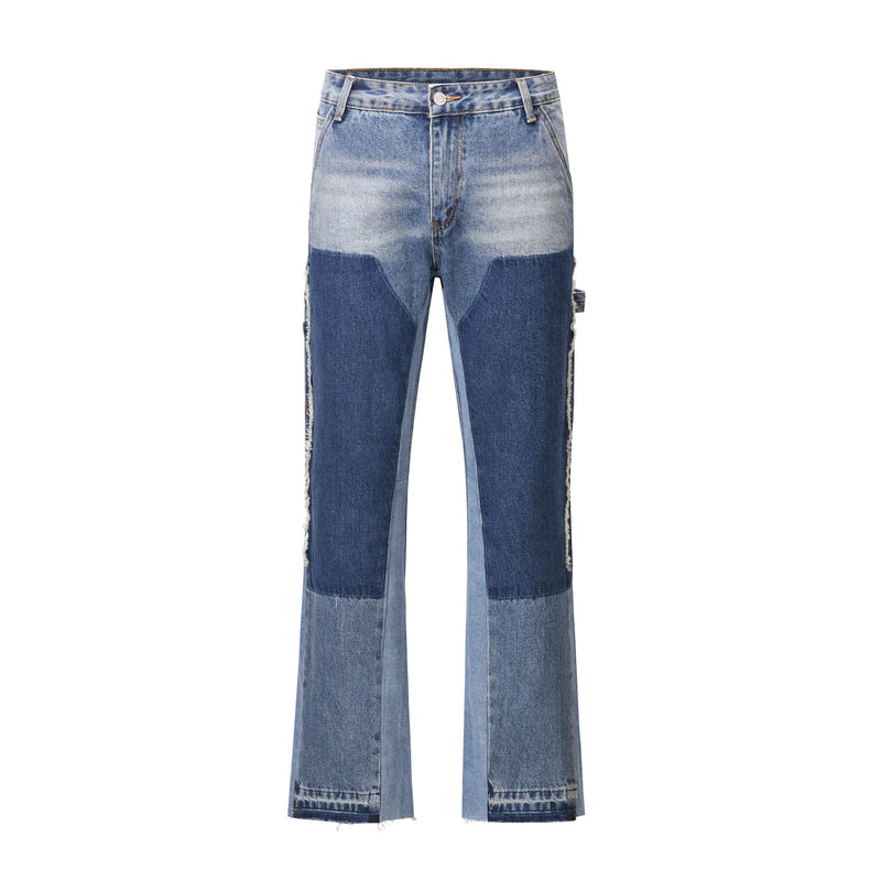 high street fashion contrast straight tube micro flared jean horn pant washing mens tassel vintage patchwork wide denim jeans unique jeans style 5002
