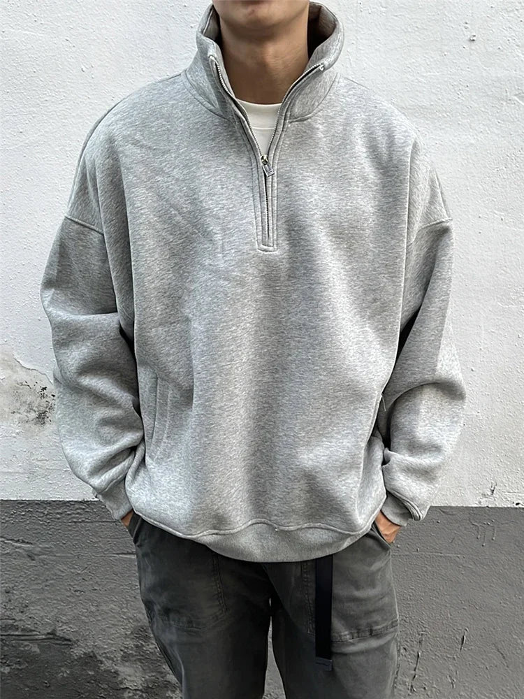 2024 New Half Zipper Design Sweatshirts For Men Autumn Y2K Vintage Stand Collar Pullover Hoodies Korean Fashion Casual