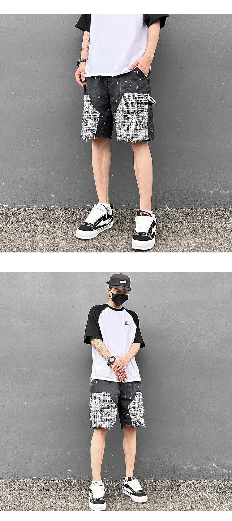 ripped holes patchwork denim jeans shorts mens high street straight short jeans hip hop streetwear casual short joggers pants unique joggers style 737