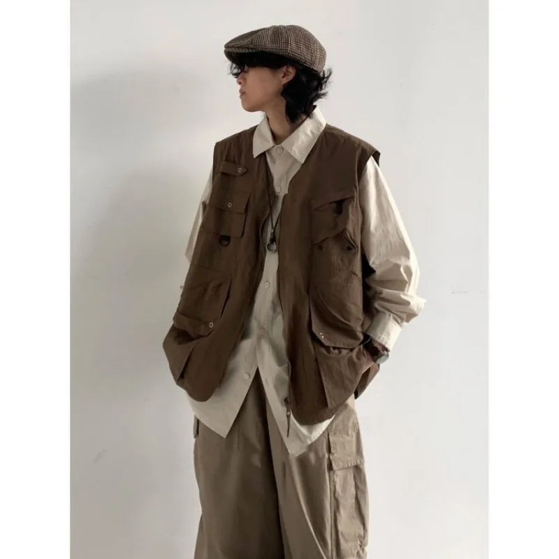 japanese street mens 3 piece set multi pocket camping vest solid cargo shirt side pockets casual pants suit couple trend set unique cargo style 4626