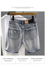 Light Blue Ripped Summer Denim Shorts Street Heavy Washed Destroyed Shorts Men