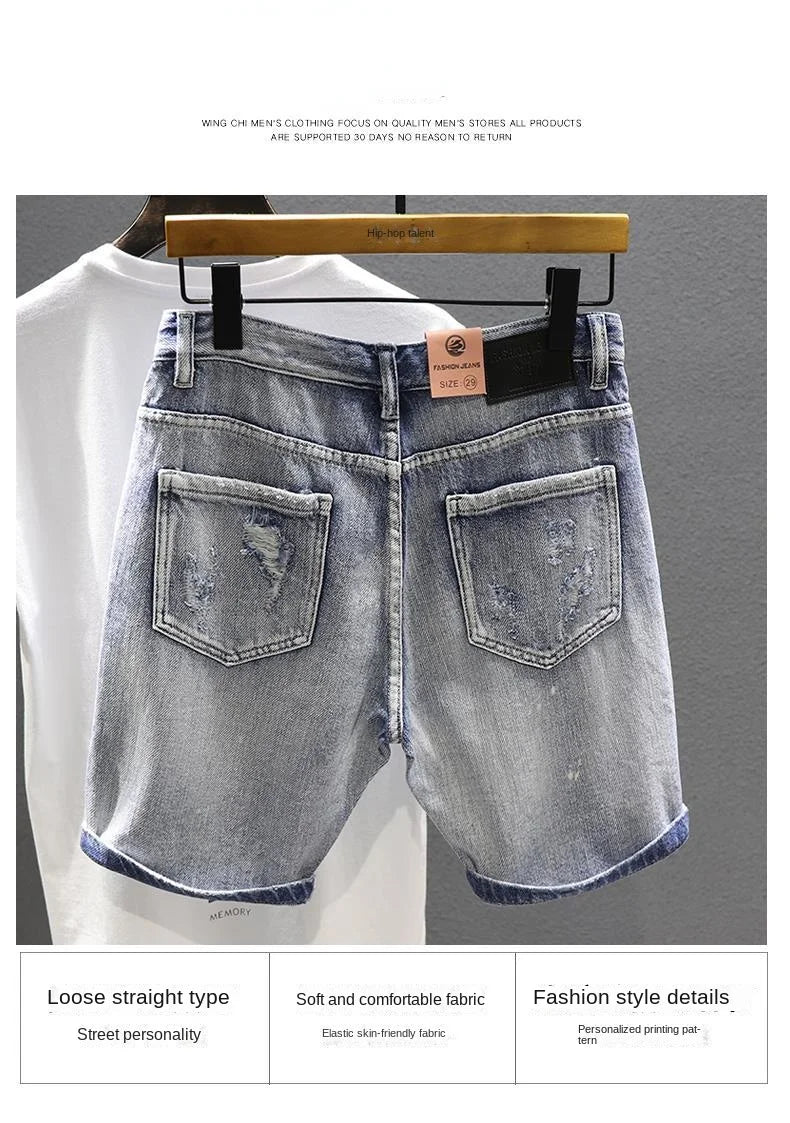 Light Blue Ripped Summer Denim Shorts Street Heavy Washed Destroyed Shorts Men
