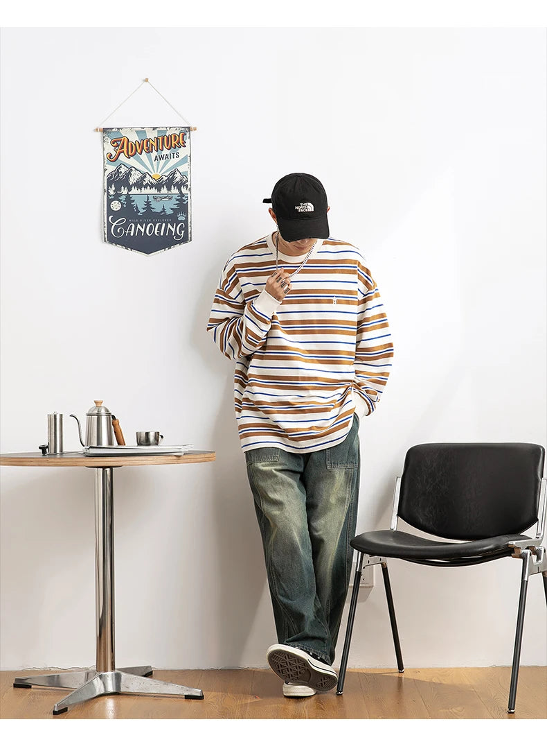 Vaporwave Oversized shirt – Embroidered Striped Contrast Round Neck Cotton Sweatshirts A