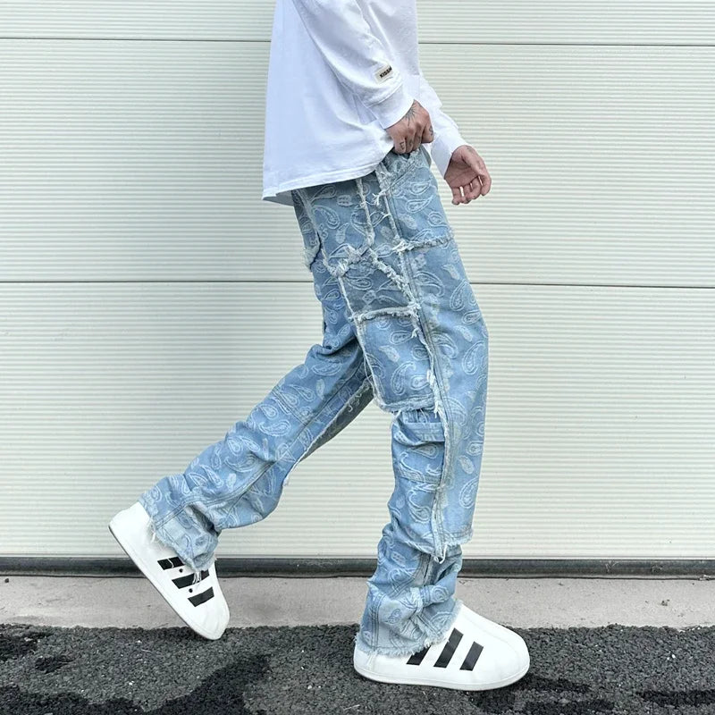 men distressed ripped patchwork paisley denim jean trouser fashion zipper biker jeans streetwear flare pants loose joggers jeans relaxed fit joggers