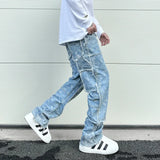men distressed ripped patchwork paisley denim jean trouser fashion zipper biker jeans streetwear flare pants loose joggers jeans relaxed fit joggers