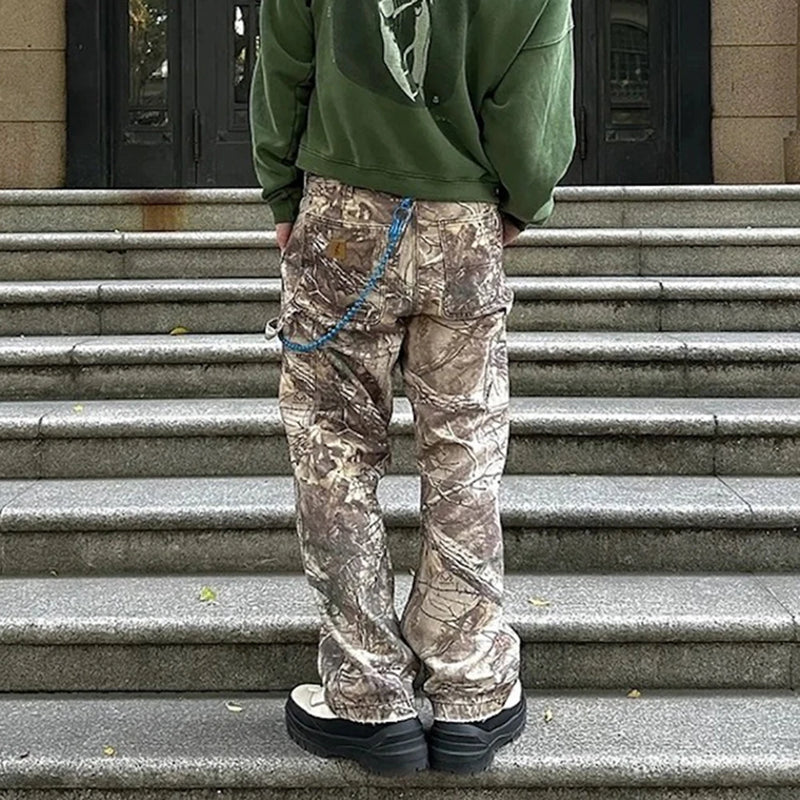streetwear trees print camouflage baggy jeans for men and women patchwork washed casual denim trouses oversized loose cargos baggy cargo bottoms