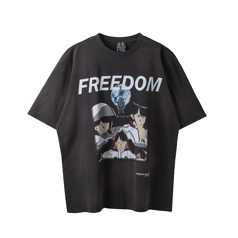 Summer Vintage Retro Anime Portrait Print High-Street Casual Loose Cotton Tops T-Shirt