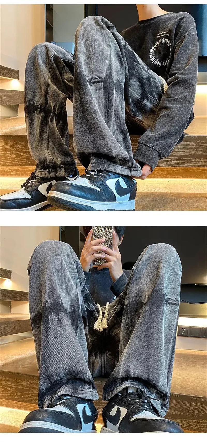 2025 new tie dye retro drawstring jeans for men baggy high street straight pants hip hop fashion casual y2k jean hombre pantalon unique jeans style 860