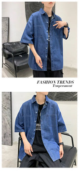 American summer thin denim shirt for men and women loose fit hip-hop short sleeved retro personality casual street top harajuku