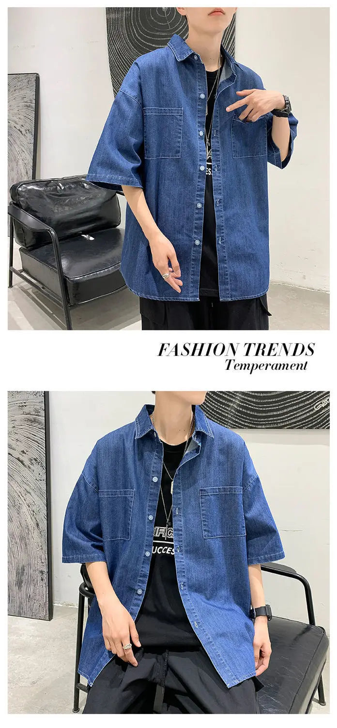 American summer thin denim shirt for men and women loose fit hip-hop short sleeved retro personality casual street top harajuku